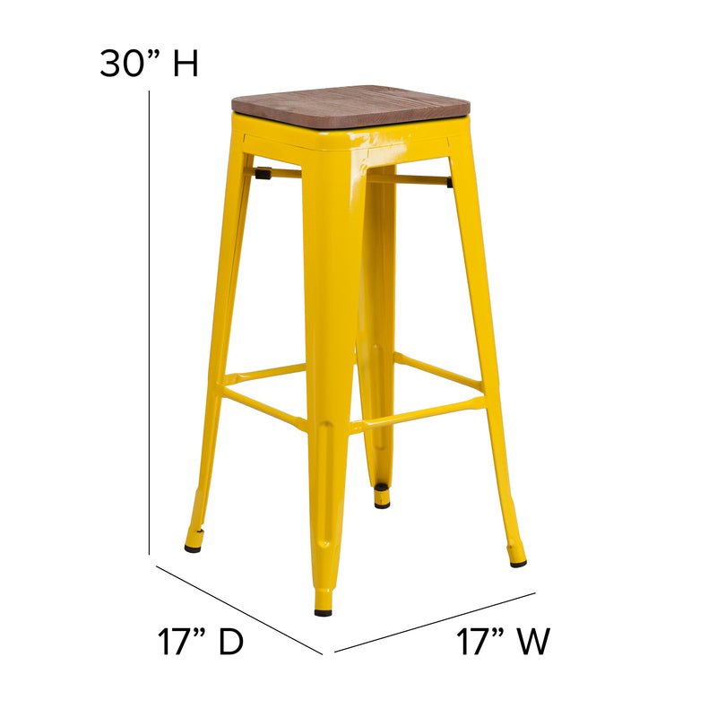 30" High Backless Yellow Metal Barstool with Square Wood Seat