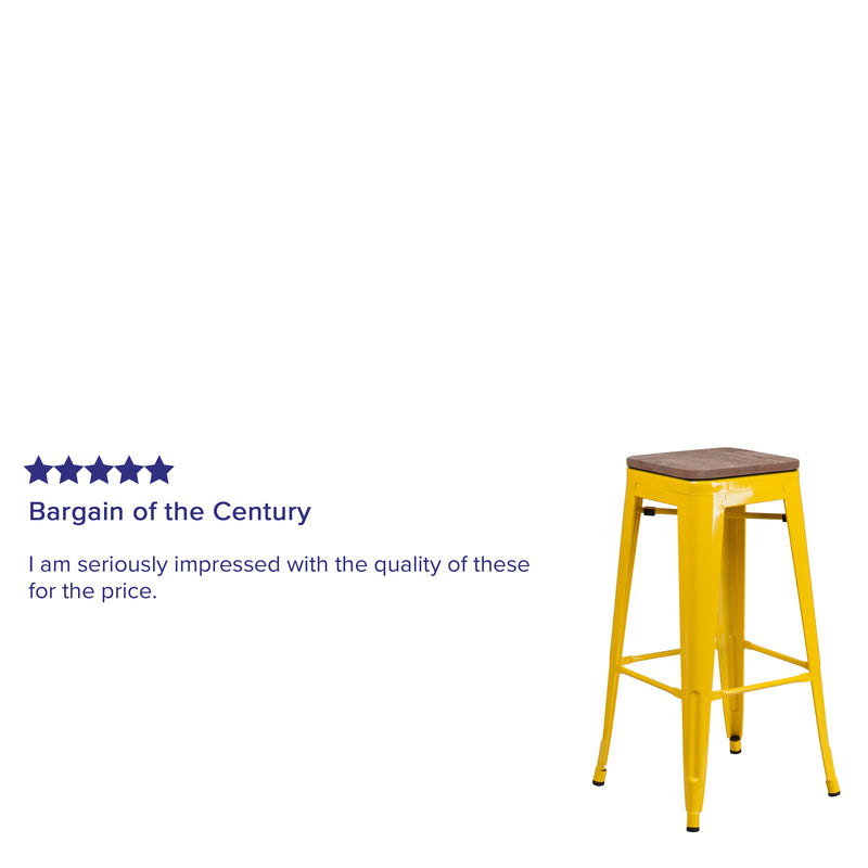 30" High Backless Yellow Metal Barstool with Square Wood Seat