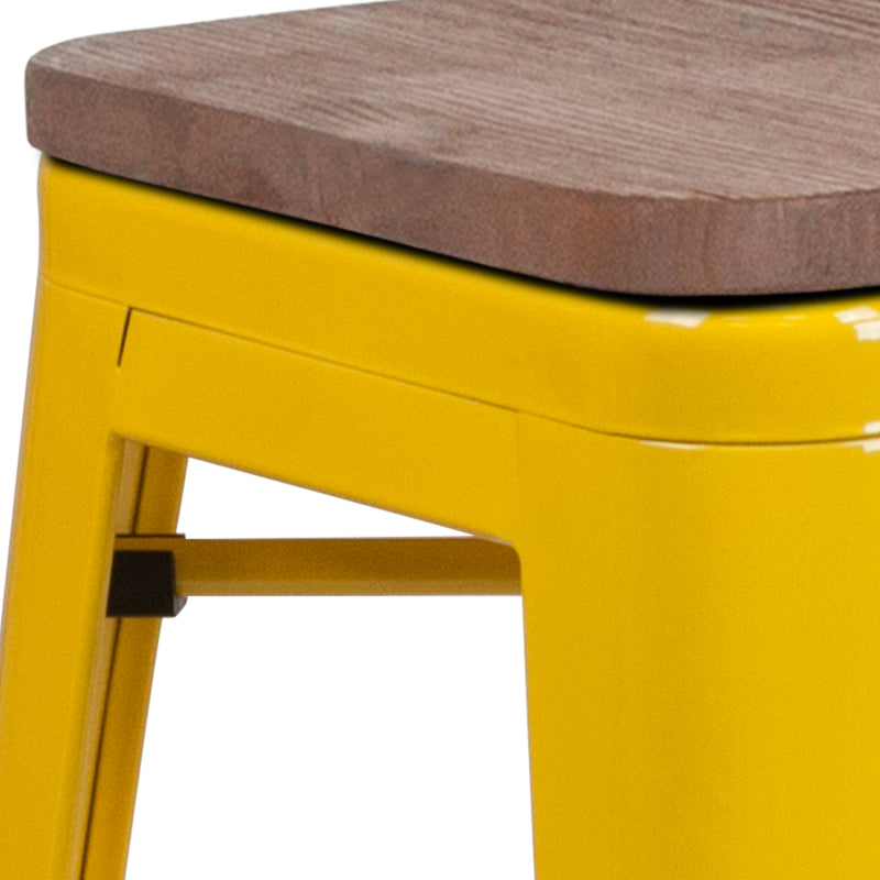 30" High Backless Yellow Metal Barstool with Square Wood Seat