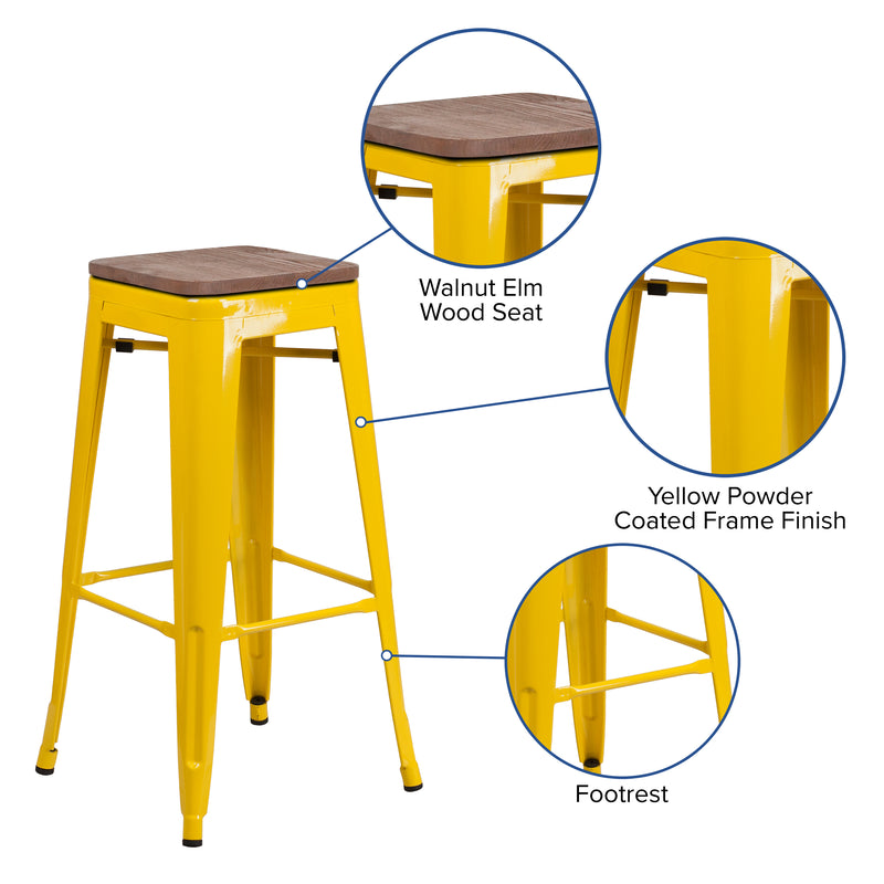 30" High Backless Yellow Metal Barstool with Square Wood Seat