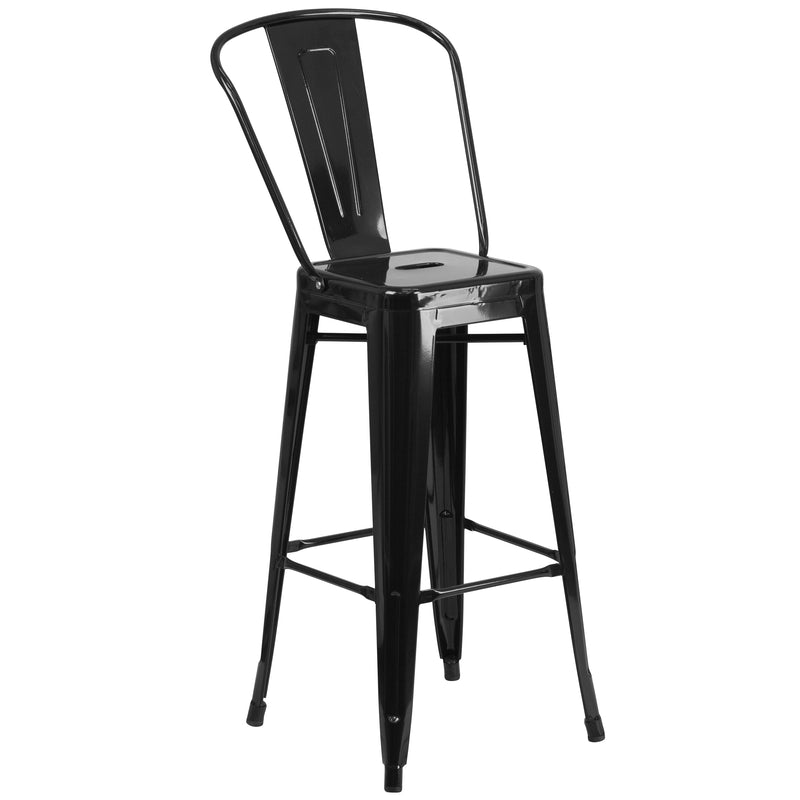 Commercial Grade 30" High Black Metal Indoor-Outdoor Barstool with Removable Back