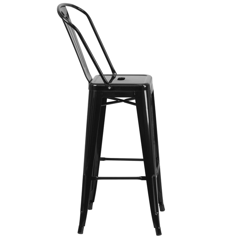 Commercial Grade 30" High Black Metal Indoor-Outdoor Barstool with Removable Back