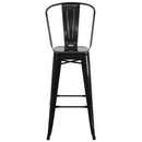 Commercial Grade 30" High Black Metal Indoor-Outdoor Barstool with Removable Back