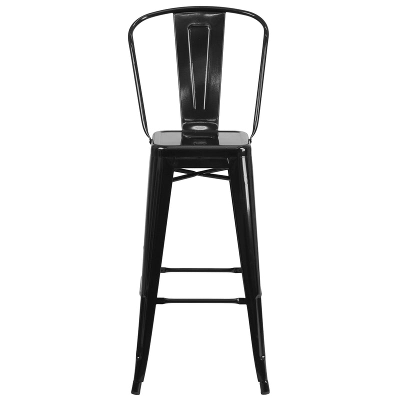 Commercial Grade 30" High Black Metal Indoor-Outdoor Barstool with Removable Back