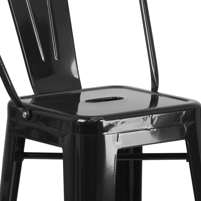 Commercial Grade 30" High Black Metal Indoor-Outdoor Barstool with Removable Back