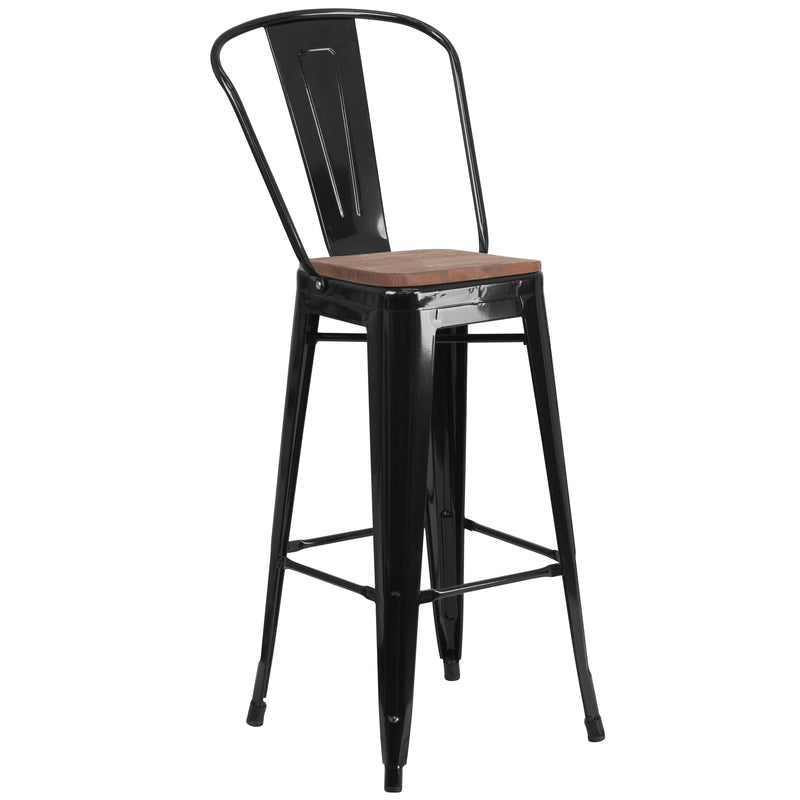 30" High Black Metal Barstool with Back and Wood Seat