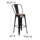 30" High Black Metal Barstool with Back and Wood Seat
