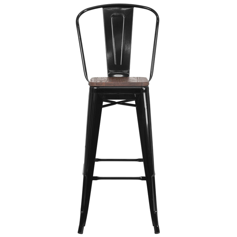 30" High Black Metal Barstool with Back and Wood Seat