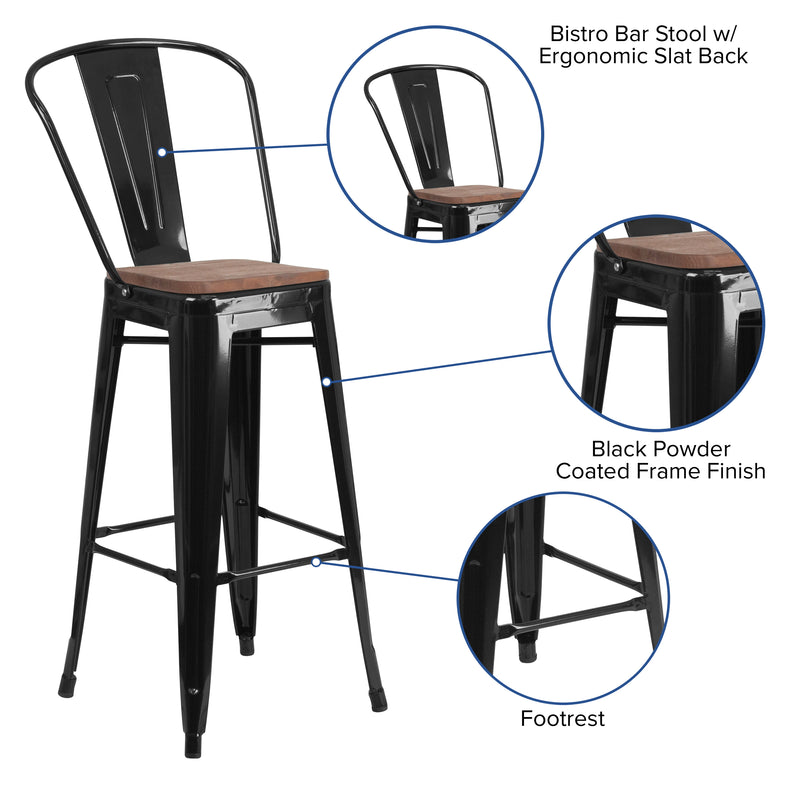 30" High Black Metal Barstool with Back and Wood Seat