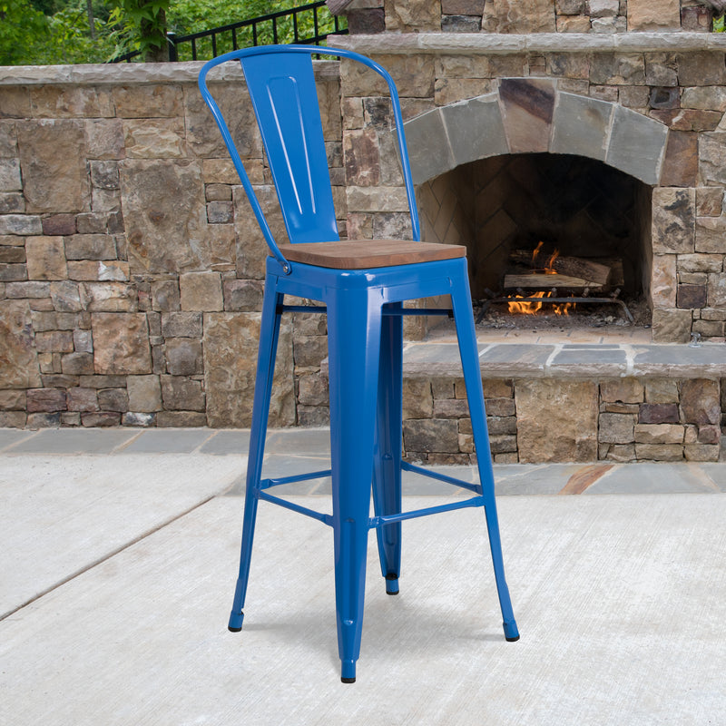 30" High Blue Metal Barstool with Back and Wood Seat