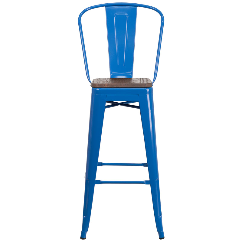 30" High Blue Metal Barstool with Back and Wood Seat