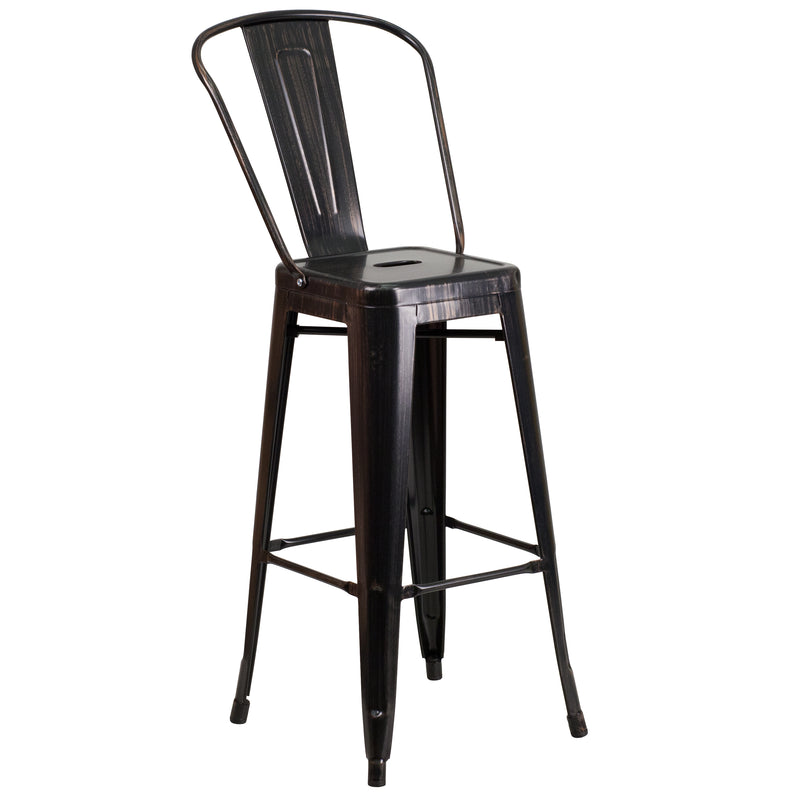 Commercial Grade 30" High Black-Antique Gold Metal Indoor-Outdoor Barstool with Removable Back