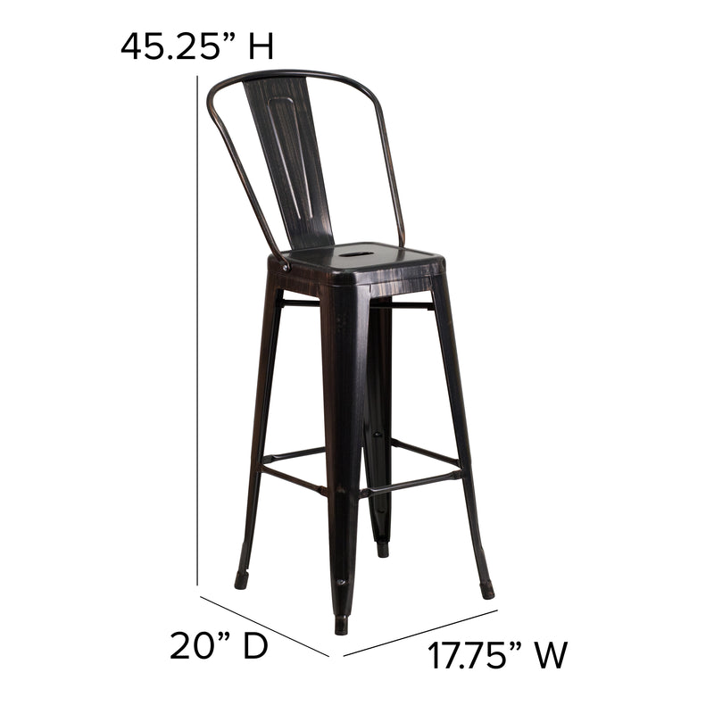 Commercial Grade 30" High Black-Antique Gold Metal Indoor-Outdoor Barstool with Removable Back