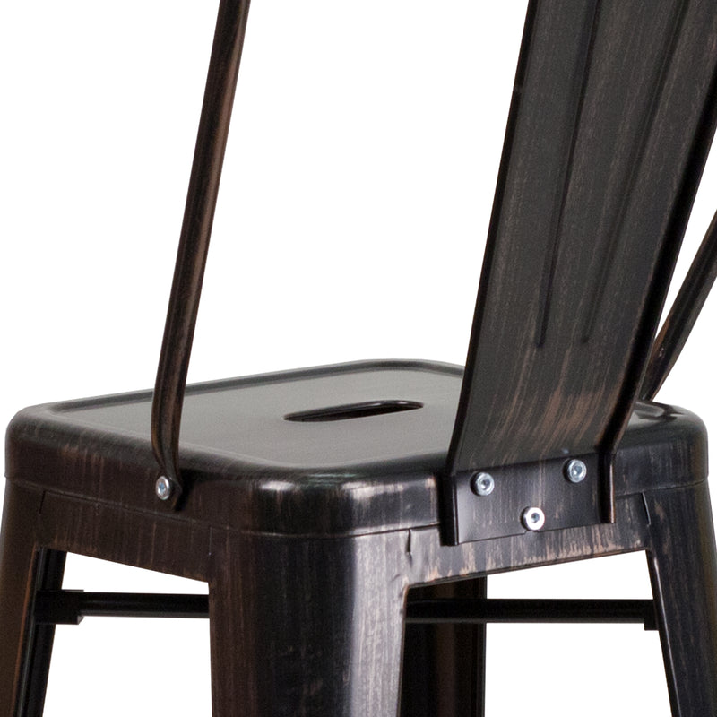 Commercial Grade 30" High Black-Antique Gold Metal Indoor-Outdoor Barstool with Removable Back