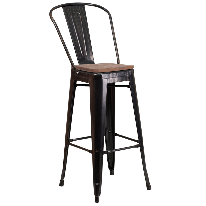 30" High Black-Antique Gold Metal Barstool with Back and Wood Seat