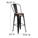 30" High Black-Antique Gold Metal Barstool with Back and Wood Seat
