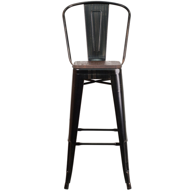 30" High Black-Antique Gold Metal Barstool with Back and Wood Seat