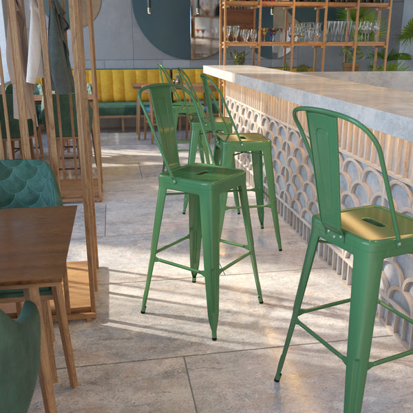 Commercial Grade 30" High Green Metal Indoor-Outdoor Barstool with Removable Back