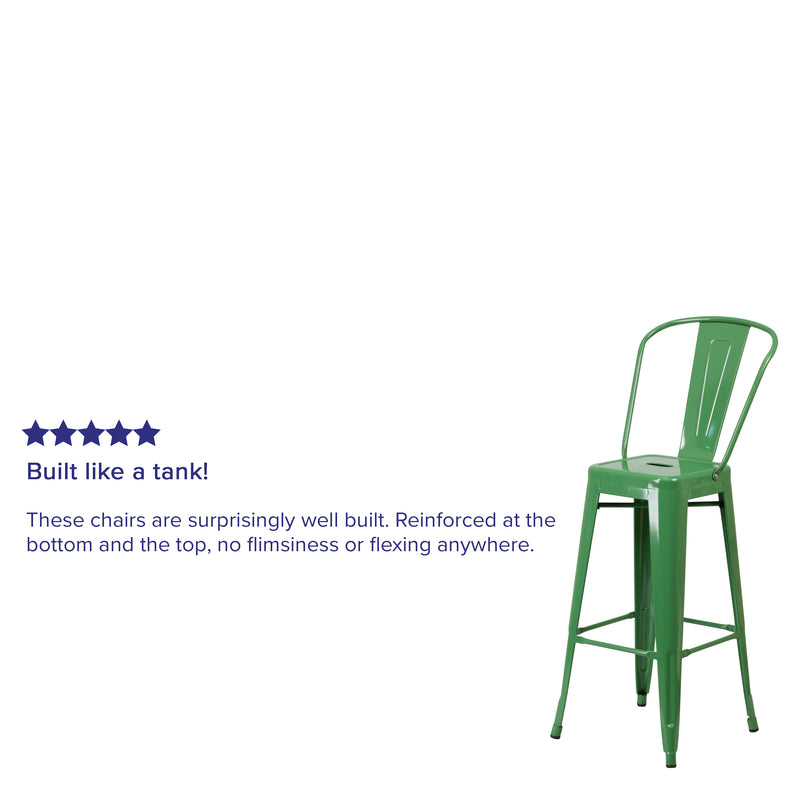 Commercial Grade 30" High Green Metal Indoor-Outdoor Barstool with Removable Back