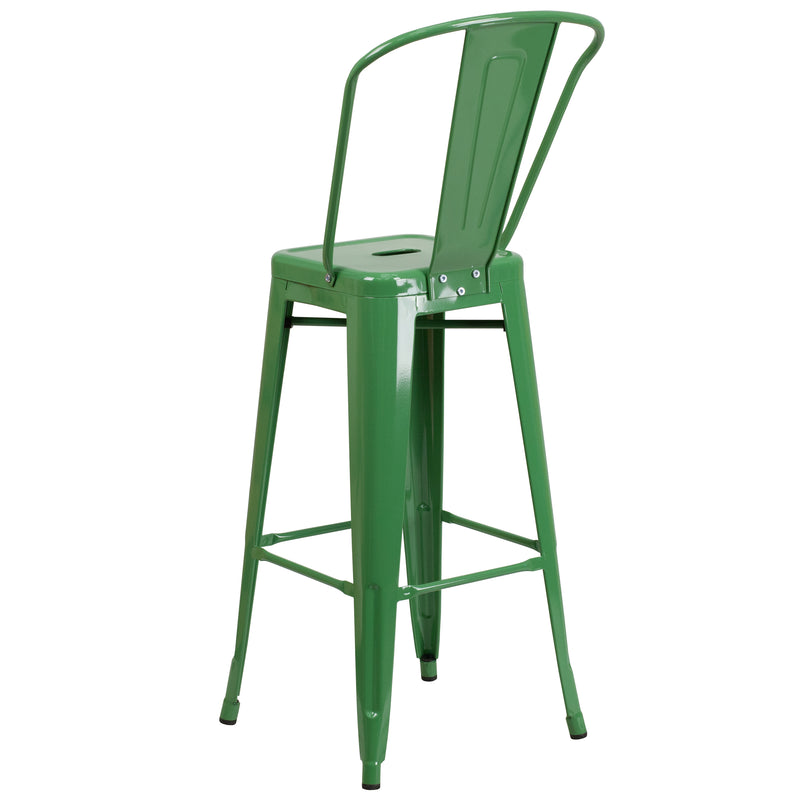 Commercial Grade 30" High Green Metal Indoor-Outdoor Barstool with Removable Back