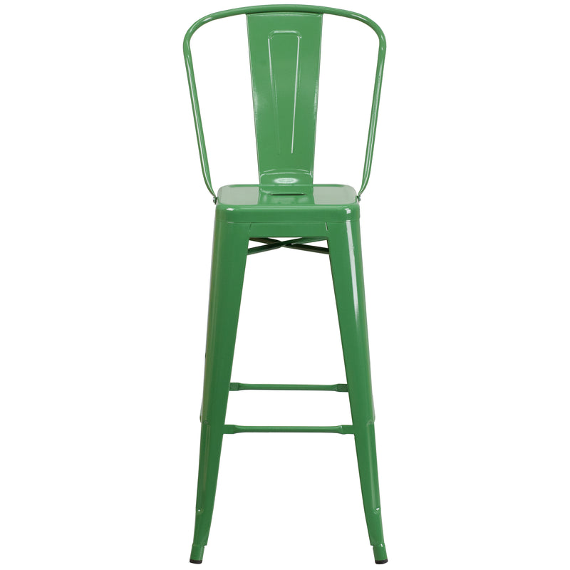 Commercial Grade 30" High Green Metal Indoor-Outdoor Barstool with Removable Back