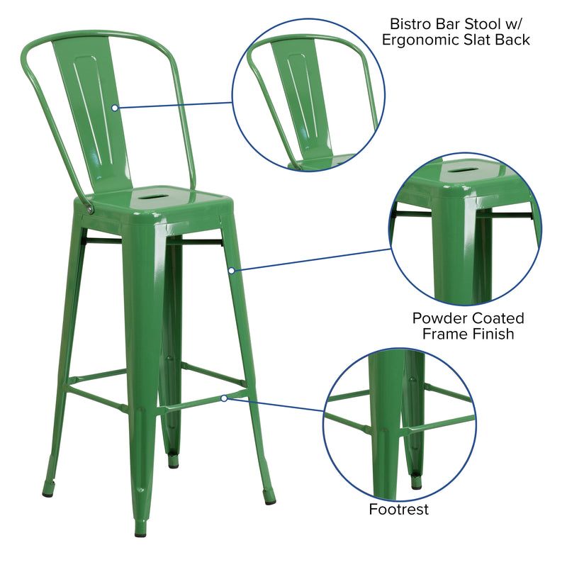 Commercial Grade 30" High Green Metal Indoor-Outdoor Barstool with Removable Back