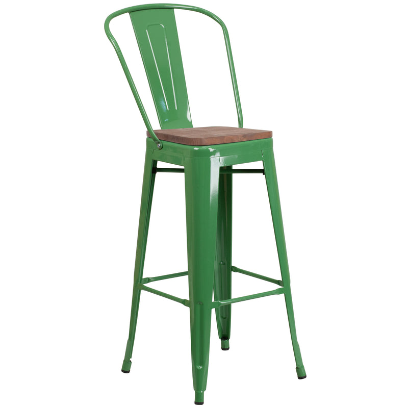 30" High Green Metal Barstool with Back and Wood Seat