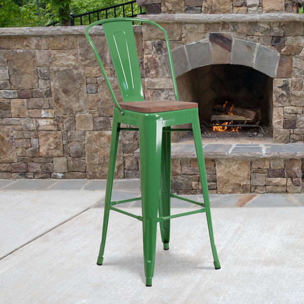 30" High Green Metal Barstool with Back and Wood Seat