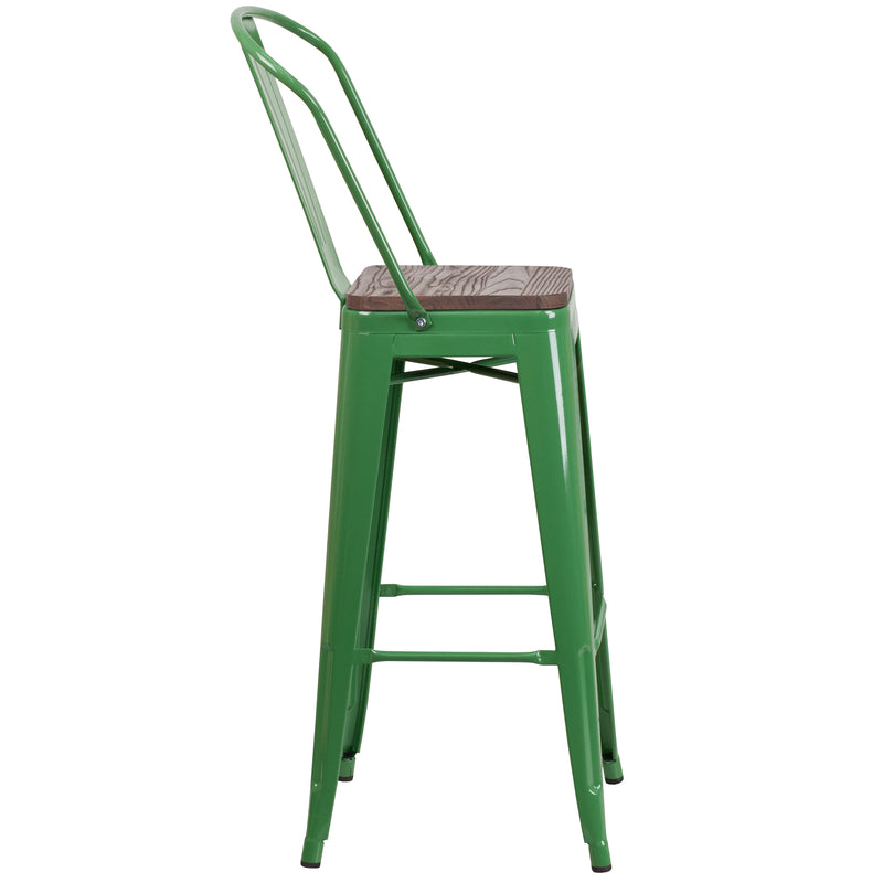 30" High Green Metal Barstool with Back and Wood Seat