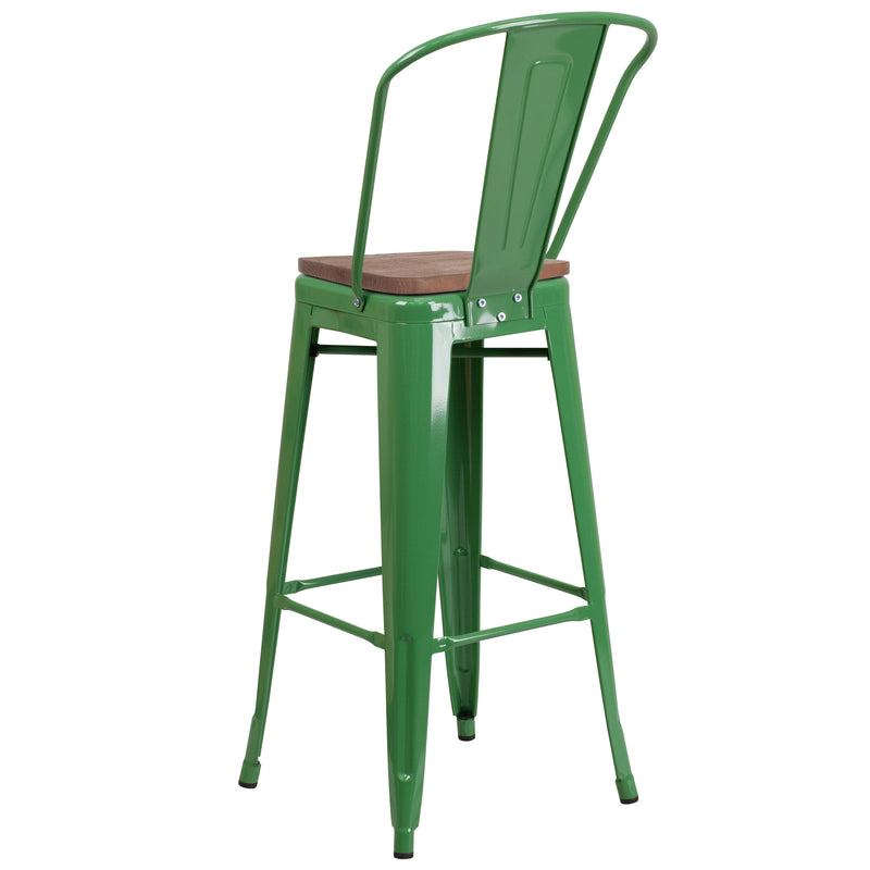 30" High Green Metal Barstool with Back and Wood Seat