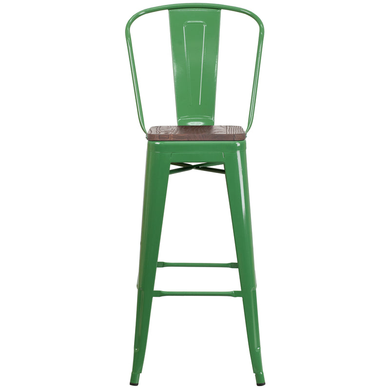 30" High Green Metal Barstool with Back and Wood Seat