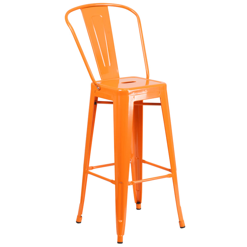 Commercial Grade 30" High Orange Metal Indoor-Outdoor Barstool with Removable Back