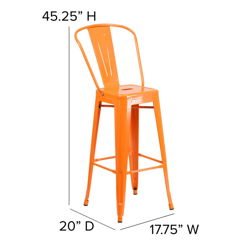 Commercial Grade 30" High Orange Metal Indoor-Outdoor Barstool with Removable Back