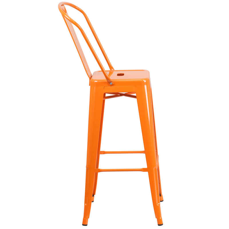 Commercial Grade 30" High Orange Metal Indoor-Outdoor Barstool with Removable Back