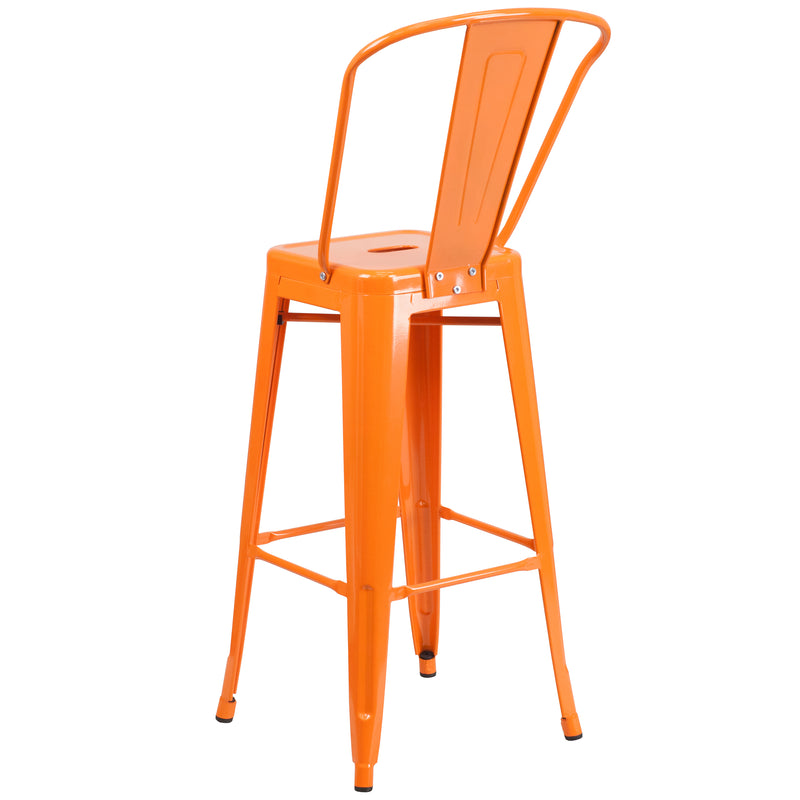 Commercial Grade 30" High Orange Metal Indoor-Outdoor Barstool with Removable Back