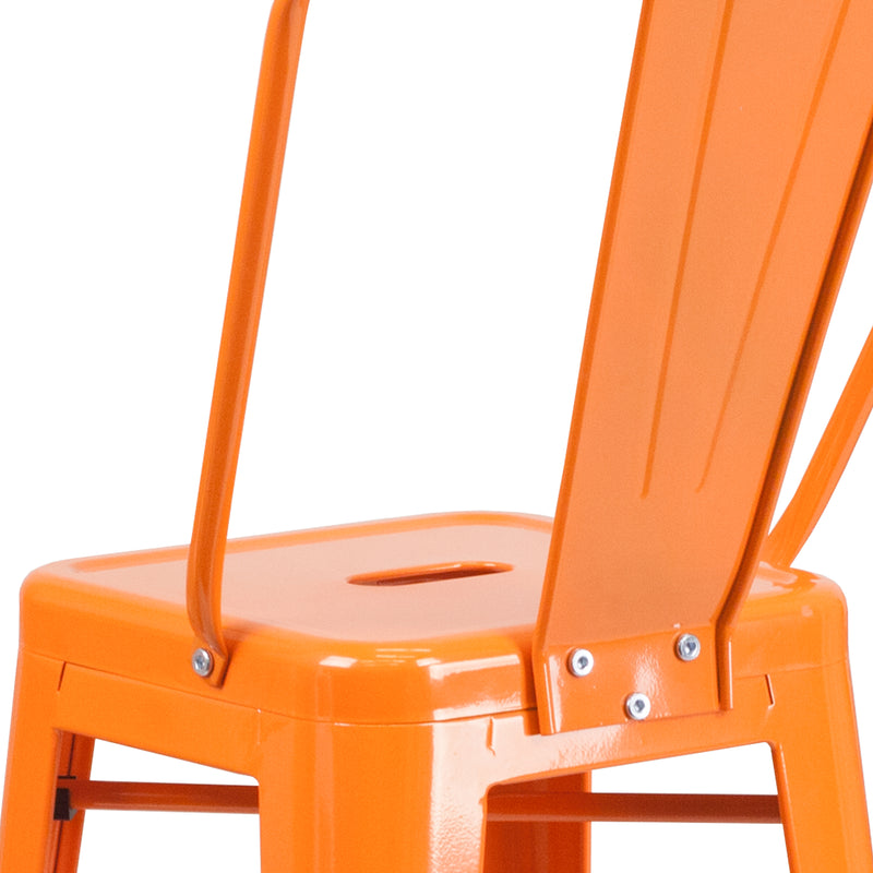 Commercial Grade 30" High Orange Metal Indoor-Outdoor Barstool with Removable Back