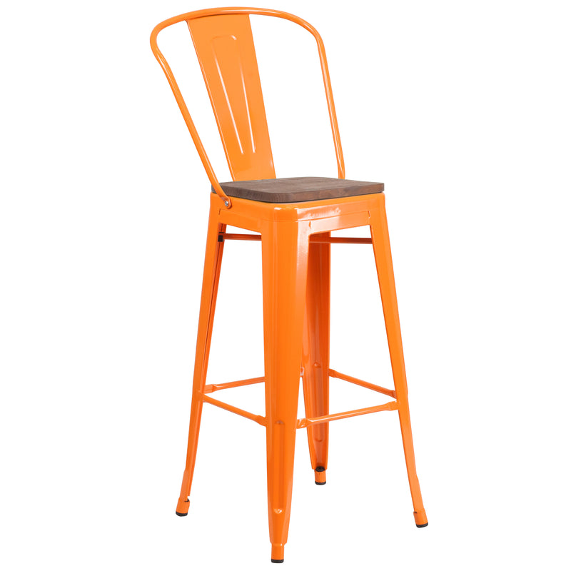 30" High Orange Metal Barstool with Back and Wood Seat