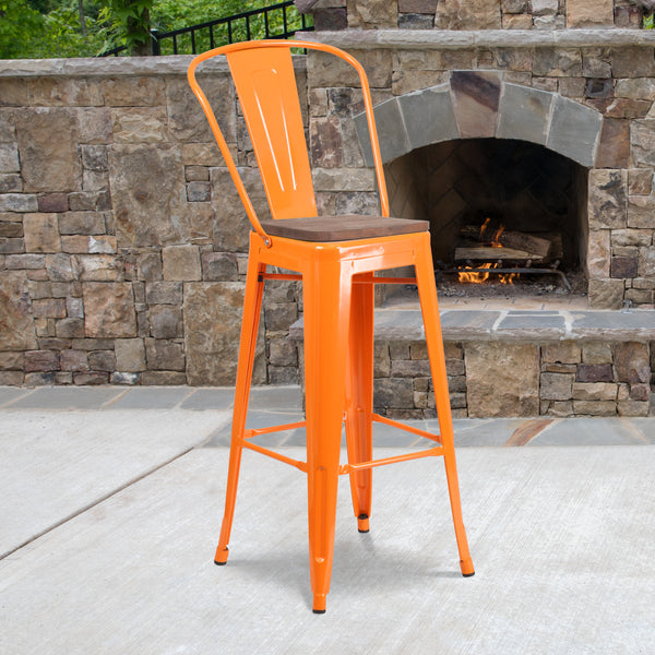 30" High Orange Metal Barstool with Back and Wood Seat