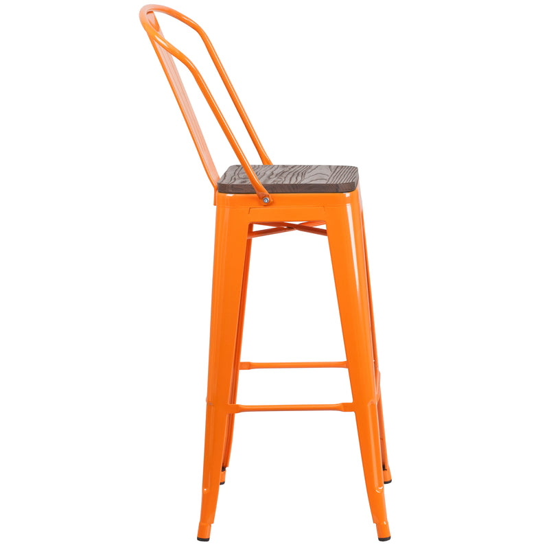 30" High Orange Metal Barstool with Back and Wood Seat