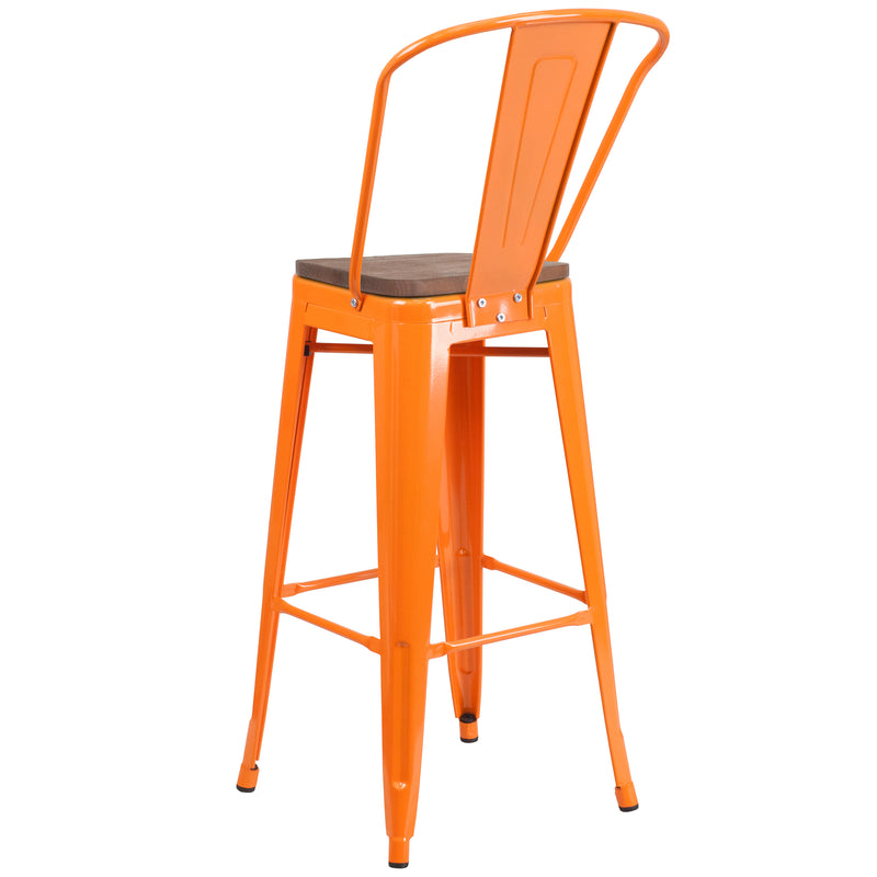 30" High Orange Metal Barstool with Back and Wood Seat