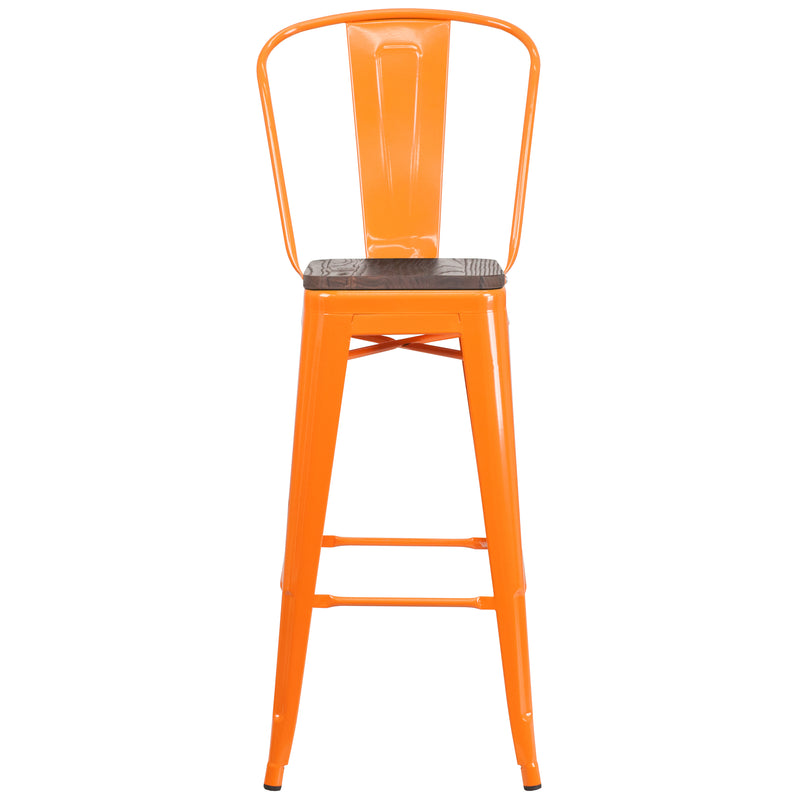 30" High Orange Metal Barstool with Back and Wood Seat