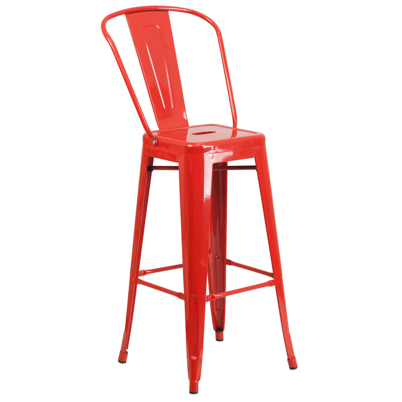 Commercial Grade 30" High Red Metal Indoor-Outdoor Barstool with Removable Back