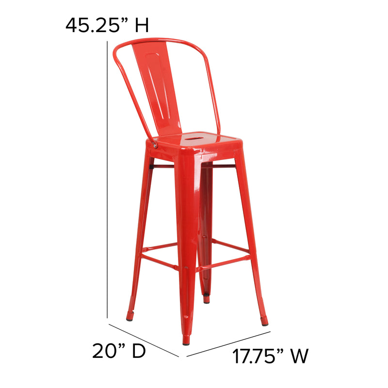 Commercial Grade 30" High Red Metal Indoor-Outdoor Barstool with Removable Back