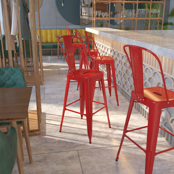 Commercial Grade 30" High Red Metal Indoor-Outdoor Barstool with Removable Back