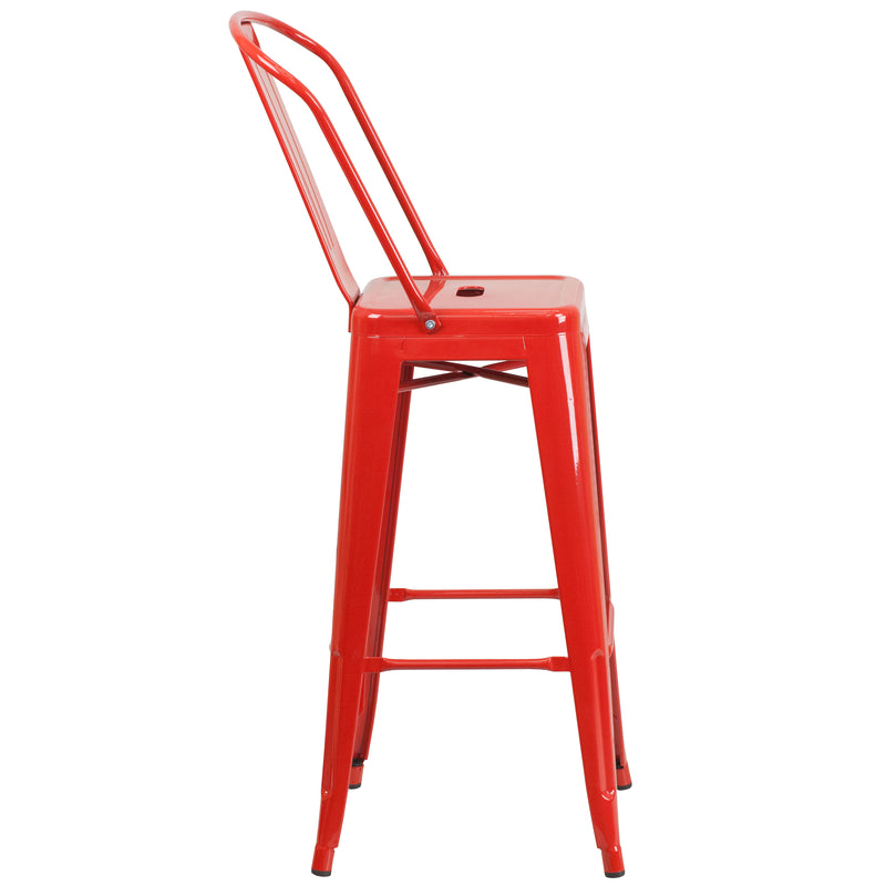 Commercial Grade 30" High Red Metal Indoor-Outdoor Barstool with Removable Back