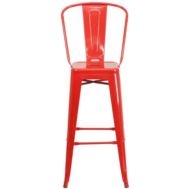 Commercial Grade 30" High Red Metal Indoor-Outdoor Barstool with Removable Back