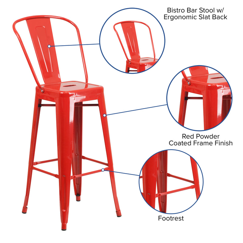 Commercial Grade 30" High Red Metal Indoor-Outdoor Barstool with Removable Back