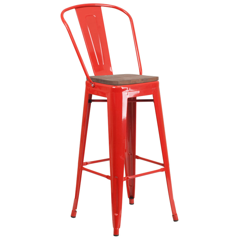 30" High Red Metal Barstool with Back and Wood Seat