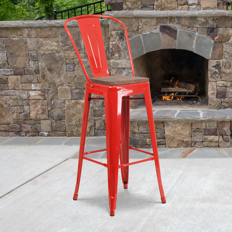 30" High Red Metal Barstool with Back and Wood Seat