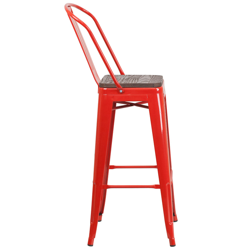 30" High Red Metal Barstool with Back and Wood Seat